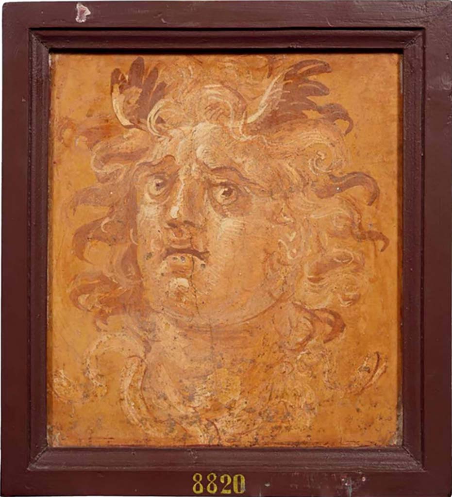 Villa dei Papiri, Herculaneum or a house in the vicinity of the Herculaneum Theatre. Fresco of head of Medusa.
Now in Naples Archaeological Museum. Inventory number 8820.
According to Lapatin, three heads of beardless figures with wild hair and wings sprouting from the forehead had been attributed to this villa, but this may be an error and they may be from a house in the vicinity of the Herculaneum Theatre.
See Catalogue (p. 226, pl. 49) of exhibition entitled “Buried by Vesuvius, the Villa dei Papiri at Herculaneum”, edited by Kenneth Lapatin.